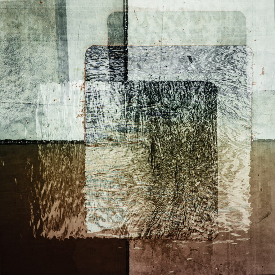 An abstract colour photograph by Susi Petherick, of textured squares, creams, blacks and browns.