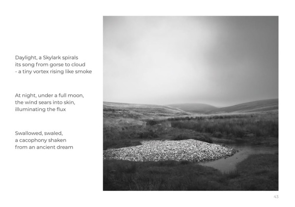 A black and white photograph by Iain Murray alongside words by Kirsteen McNish, as featured in the 'Flow' zine published by The Dartmoor Collective
