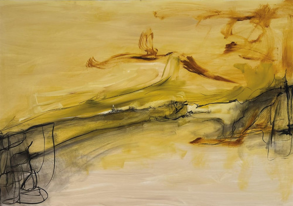 An abstract painting by Rebecca Thorne, featured in 'Flow' zine published by The Dartmoor Collective